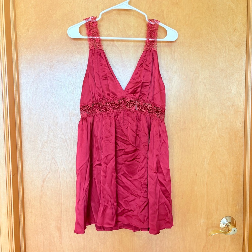 Reformation Elina Red 100% Silk‎ Lace Trim V-Neck Empire Waist Mini Dress Womens